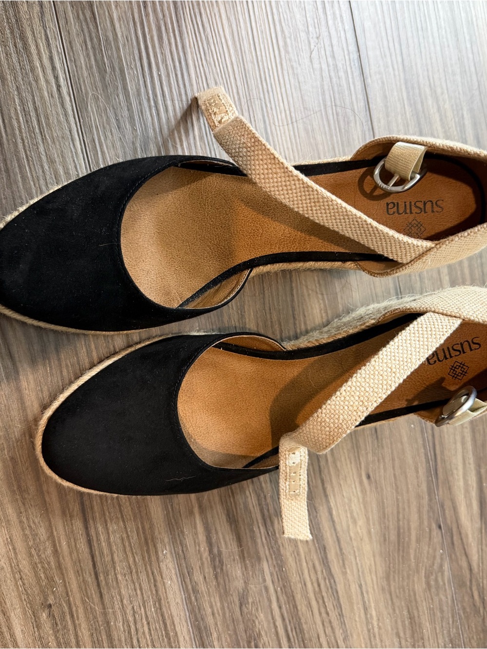 Wedge Espadrille Ankle-Strap Heels in Black and Tan - Picture 2 of 4